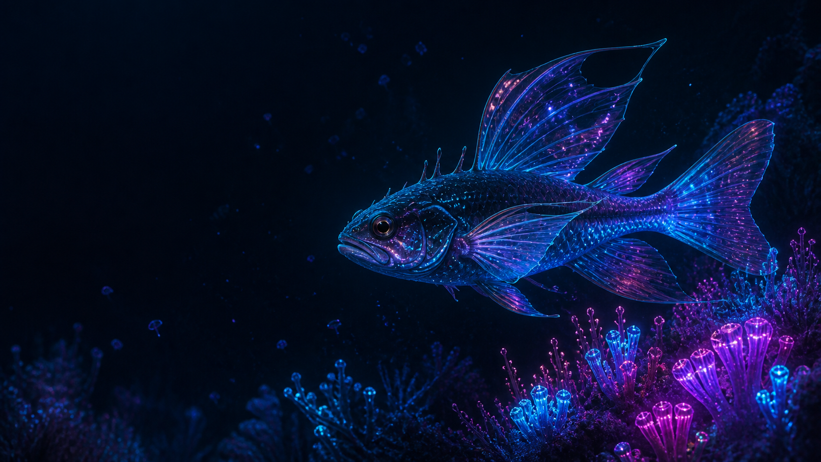 An original blue and magenta luminous fish above a glowing deep-sea reef