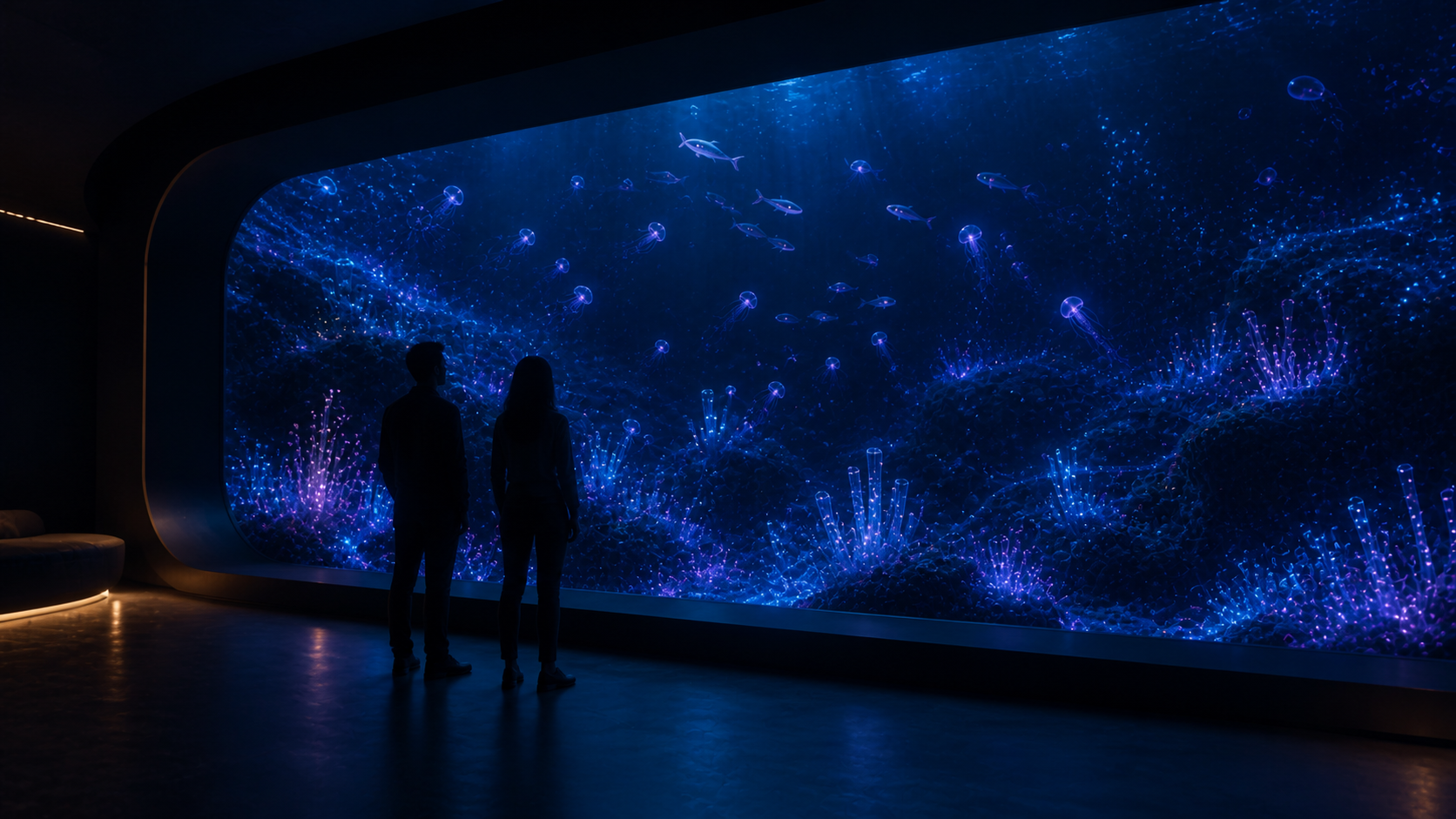 Two visitors observing a softly glowing aquarium at night